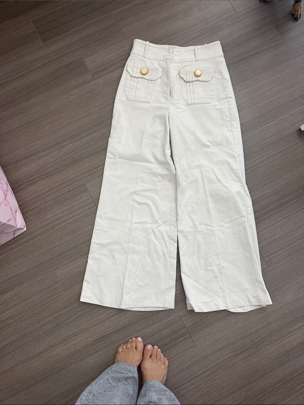 Alexis Cream Wide-Leg High-Rise Pants with Gold Buttons